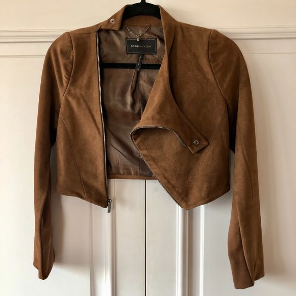 BCBGMaxAzria Vintage Cropped Vegan Suede Toffee Brown Moto Jacket - Size XXS - Picture 4 of 15